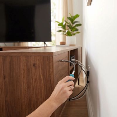 Tournevis flexible passant entre mur et meuble atteignant une vis