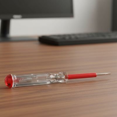 Tournevis testeur plat transparent manche rouge sur plan de travail