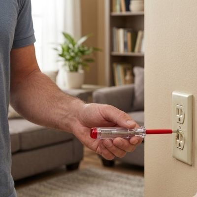 Tournevis testeur plat utilisé sur une prise électrique murale